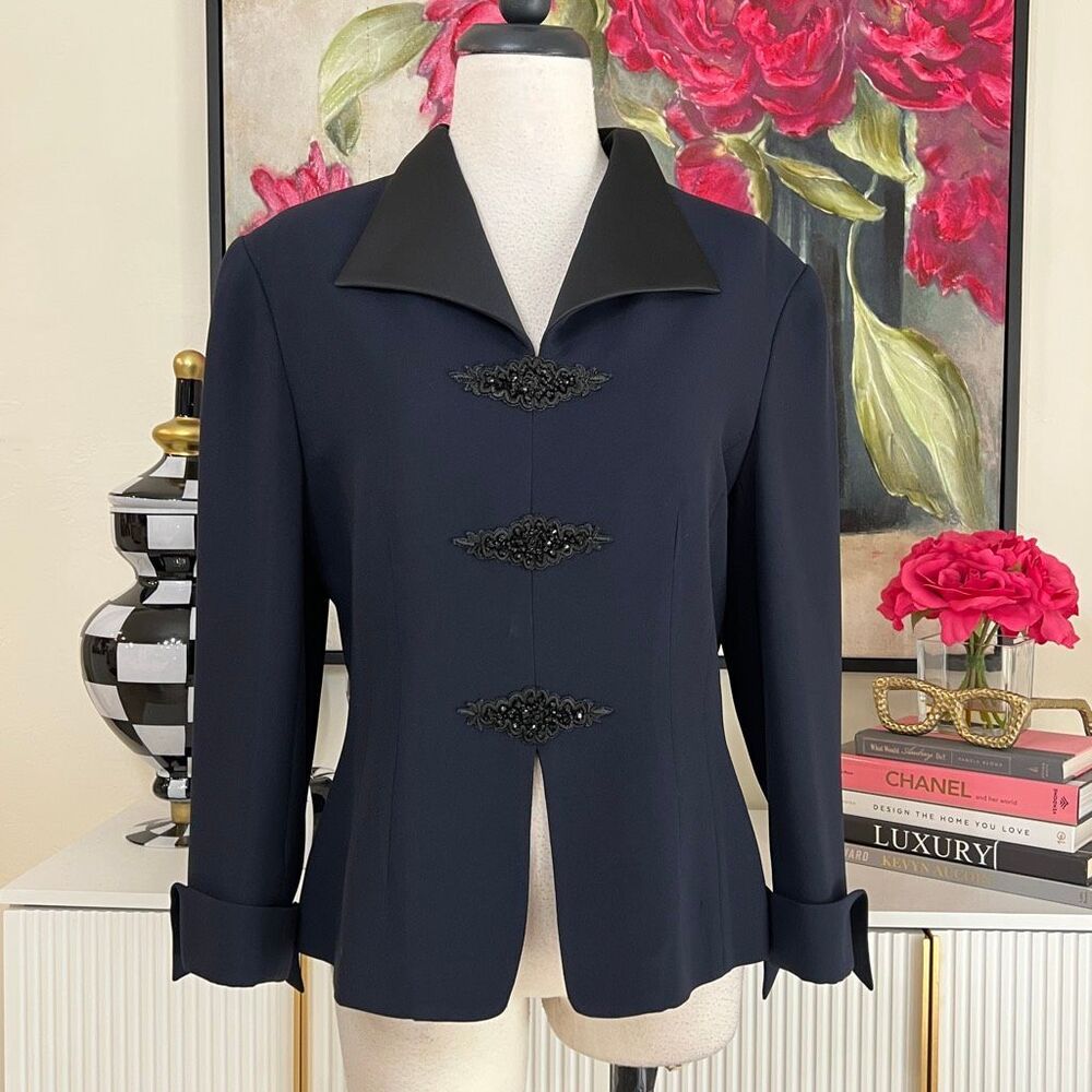 Badgley Mischka Dress Women's Beaded Blazer Jacket Dark Navy Blue Size 8